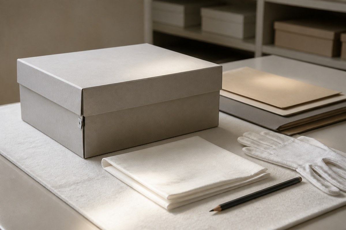 A closed archival box, conservation gloves, and folders in a neutral museum workspace.