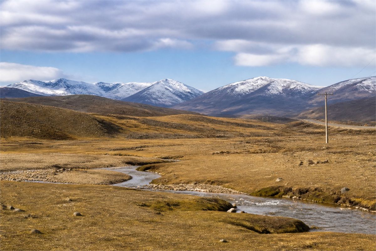 Open high plateau grassland with a winding stream, distant snow mountains, and a quiet road