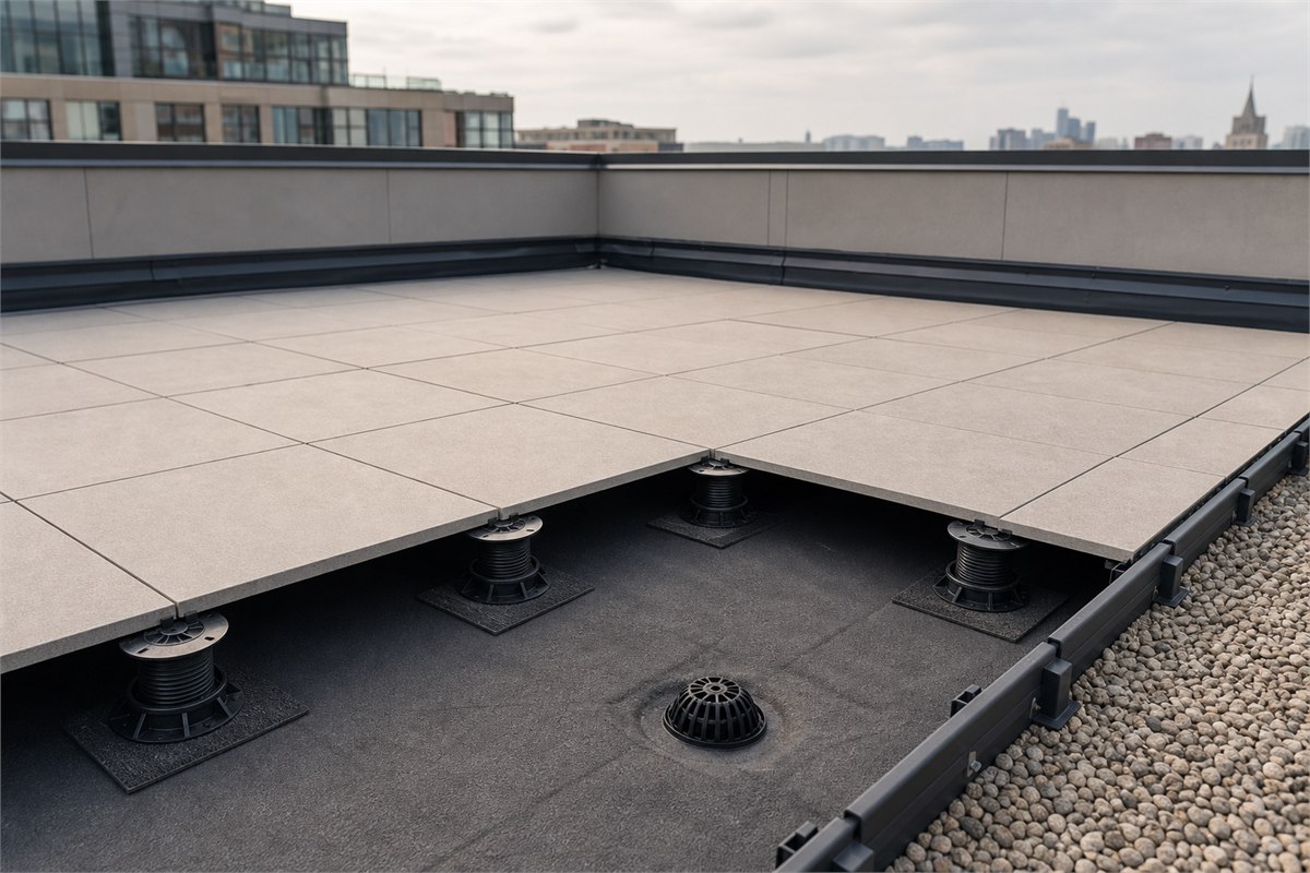 Thick porcelain roof pavers on adjustable pedestals above a protected waterproof membrane