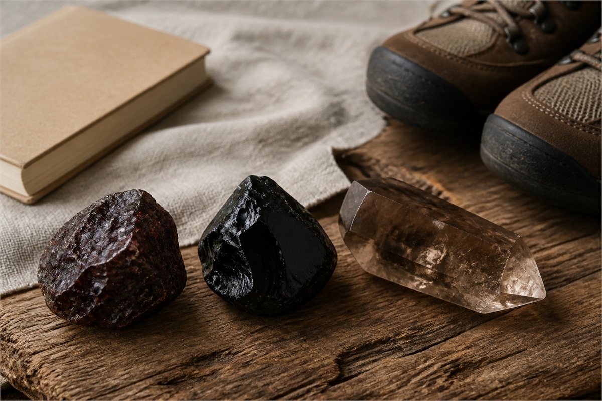 Garnet, black obsidian, and smoky quartz beside walking shoes and a blank notebook