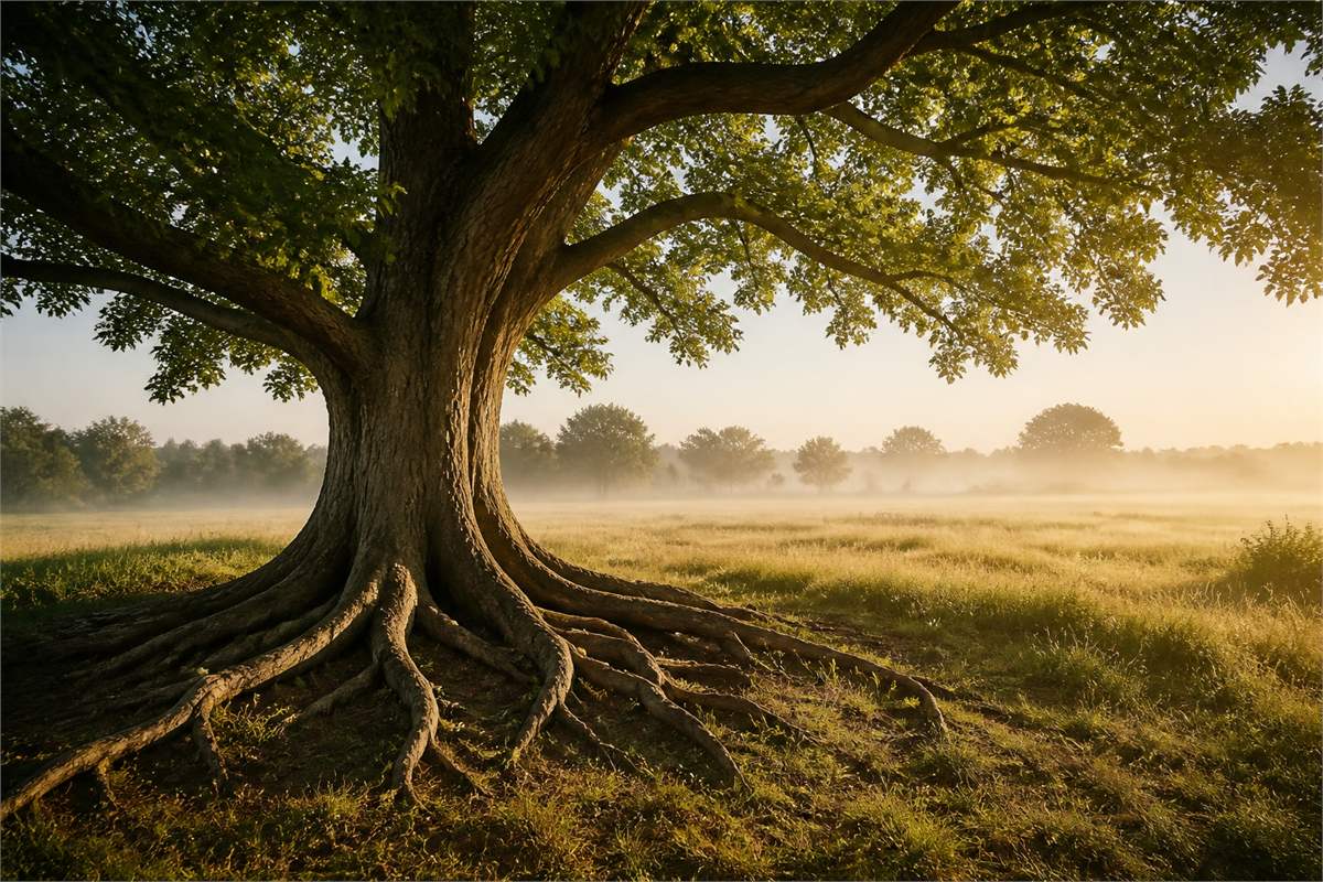 A mature tree with visible roots, sturdy trunk, and spreading canopy in morning light.