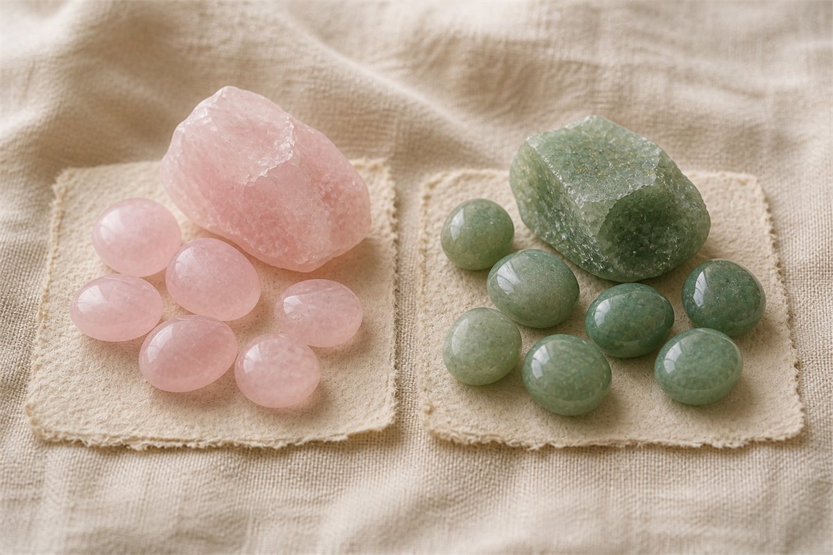 Rose quartz pieces beside green aventurine stones with subtle mineral inclusions
