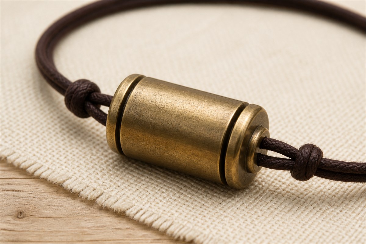 Blank brass cylindrical bracelet element mounted on red woven cord with a visible axle gap