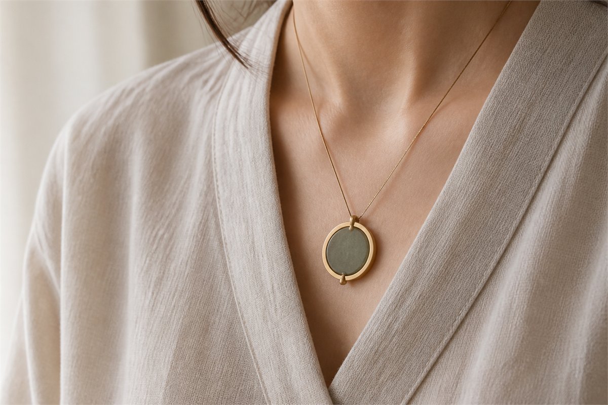 Adult wearing a two-pivot muted green moving-center pendant over an oatmeal linen blouse