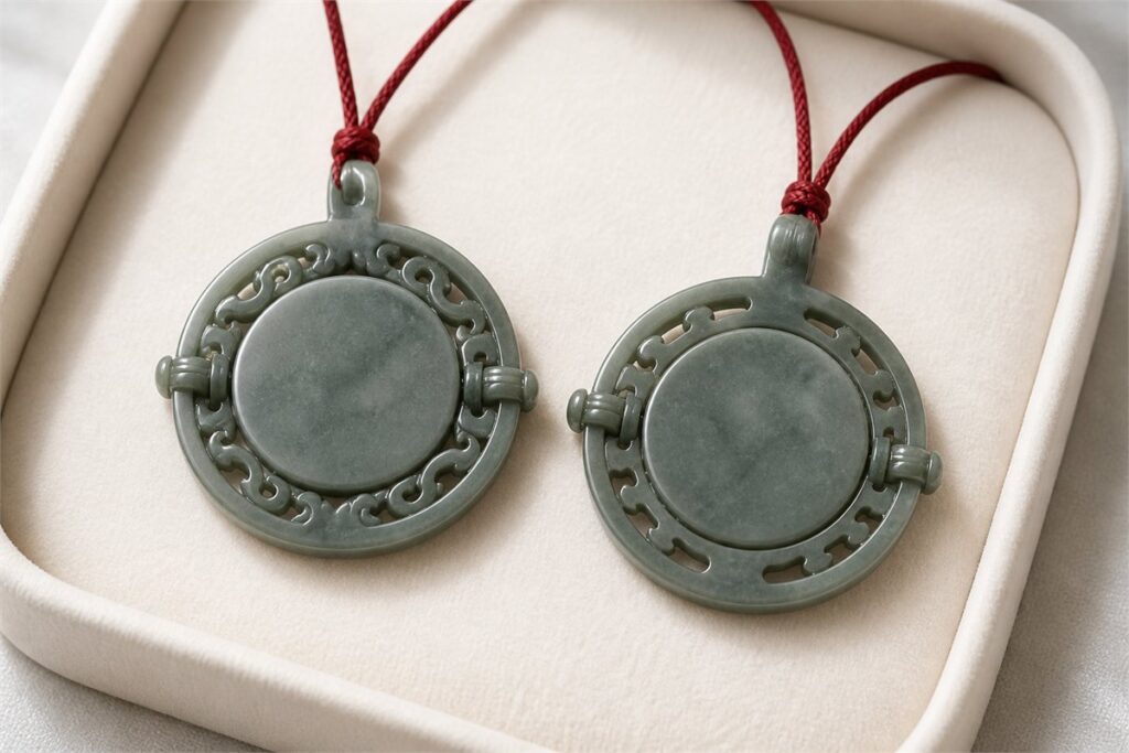 Two views of a matching rotating-center pendant showing both faces and edges
