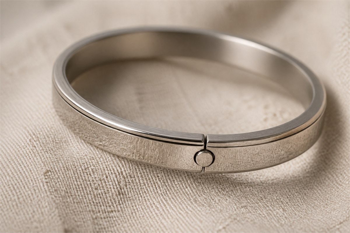 Close view of a brushed silver rotating bangle showing its joint and narrow clearance