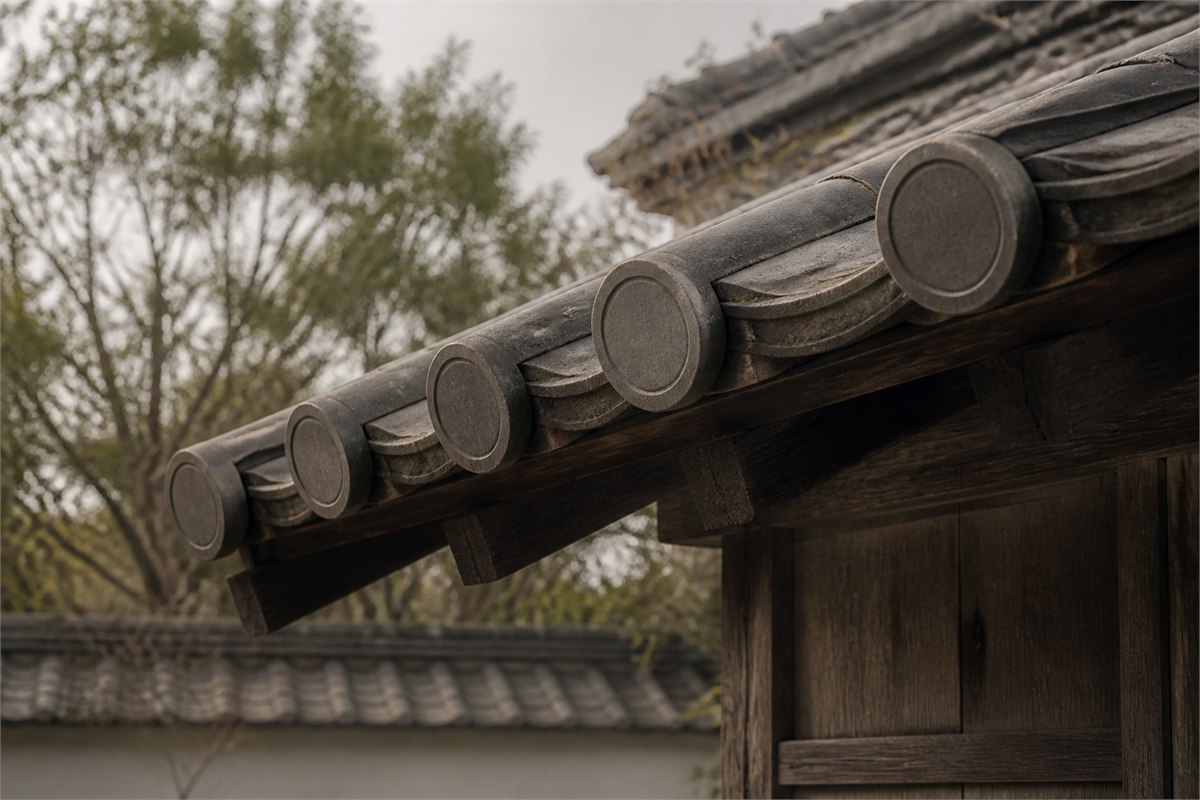 Gray round tile ends lining the edge of a weathered timber roof