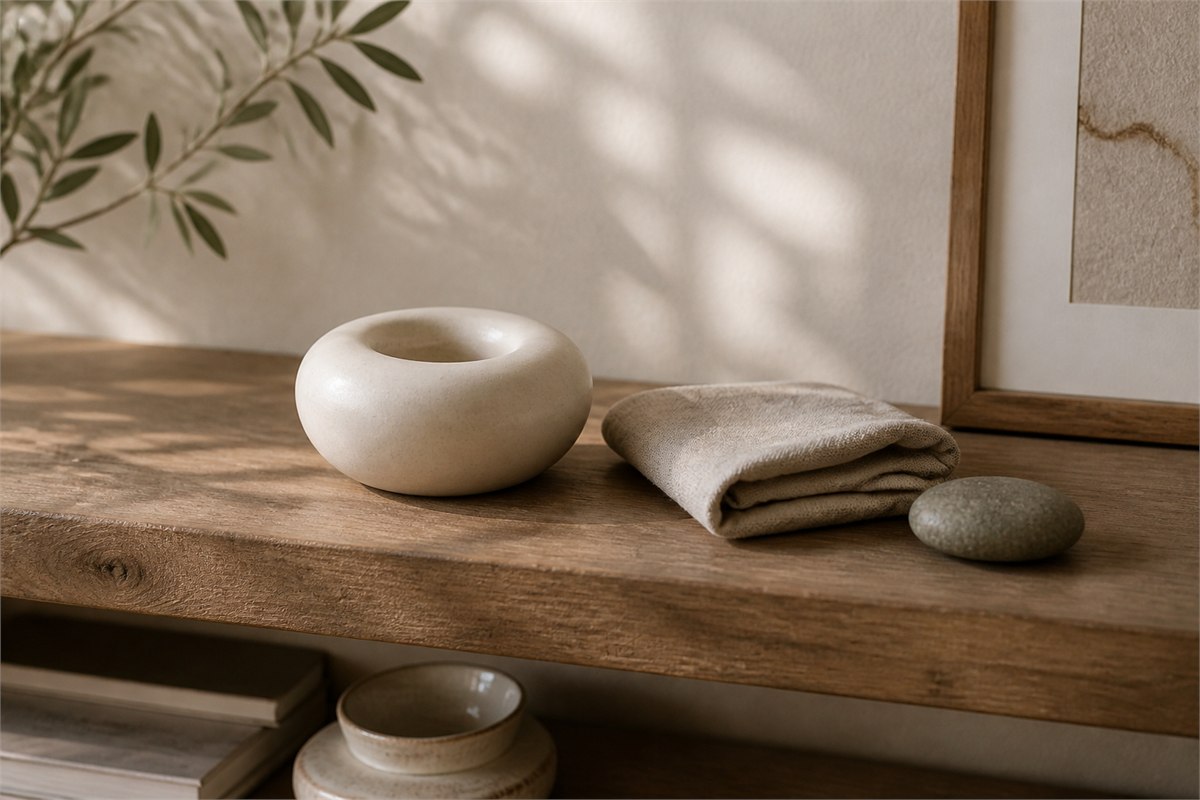 Abstract ivory ceramic object displayed with folded linen and a river stone on a wooden shelf.