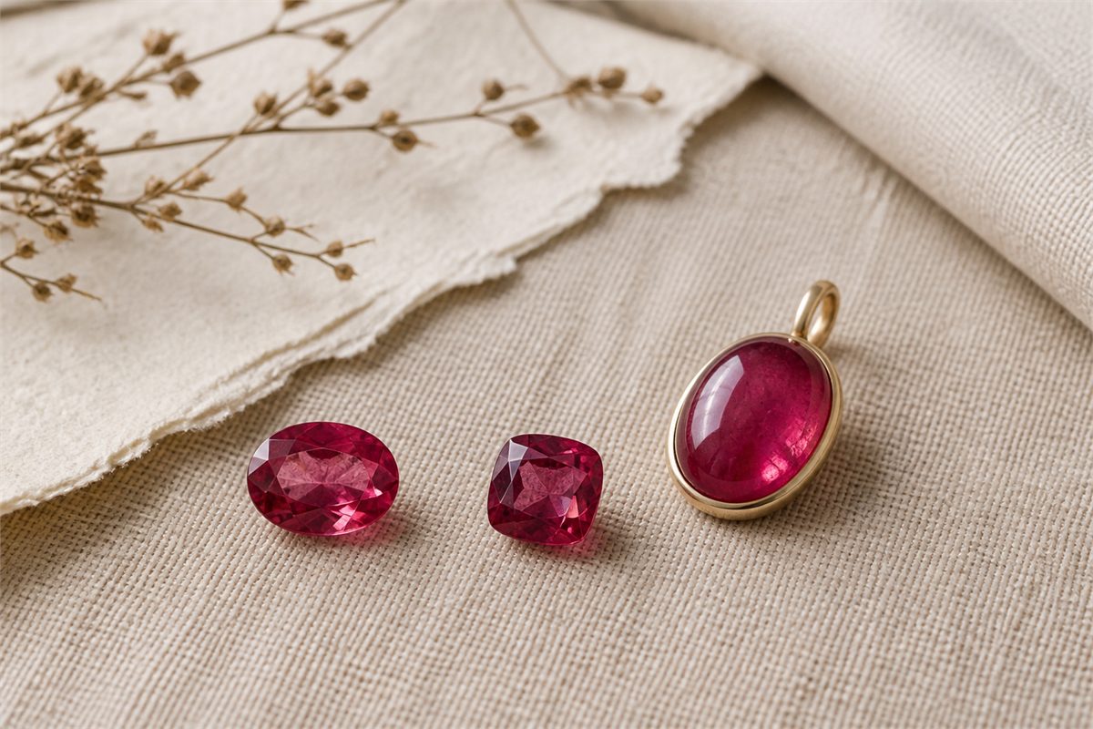 Two faceted red tourmalines and one red tourmaline cabochon pendant