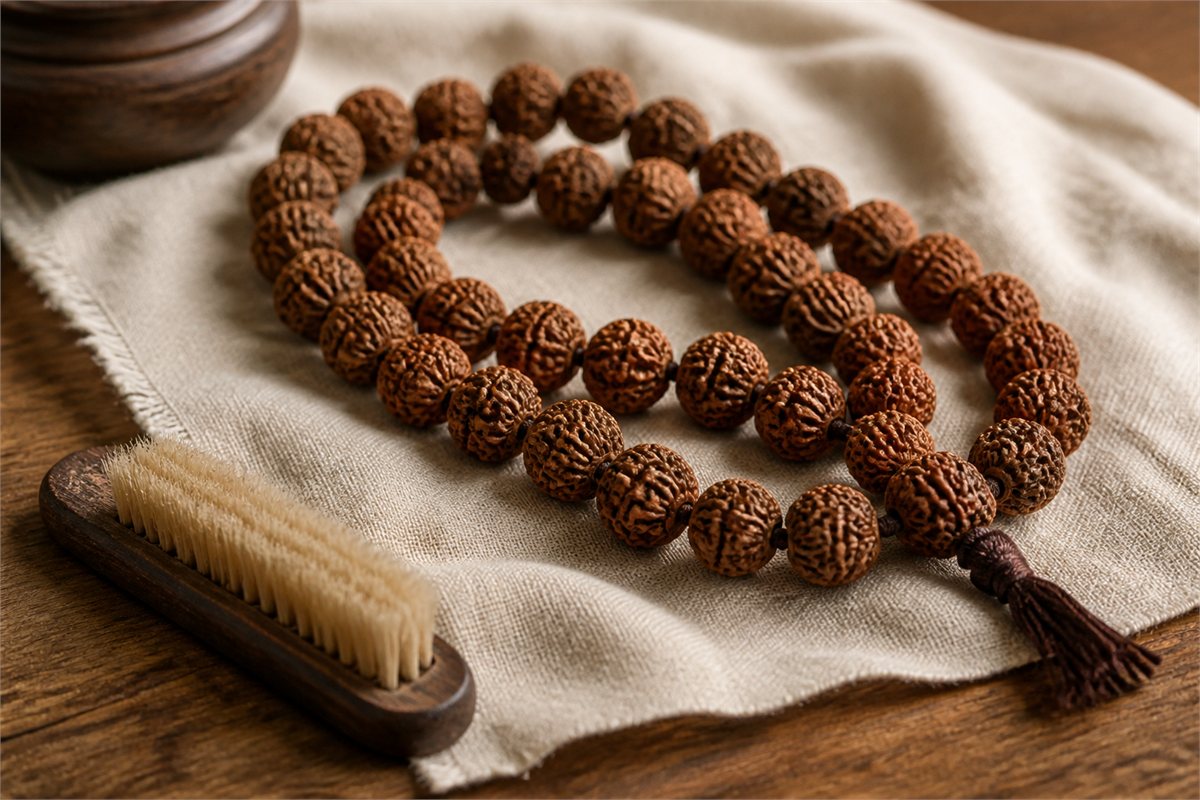 Deeply grooved brown rudraksha prayer beads with a soft cleaning brush