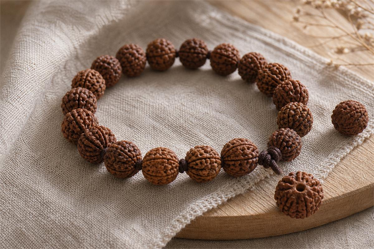 Brown Rudraksha bracelet and loose beads with deep lobed grooves and visible drilled holes