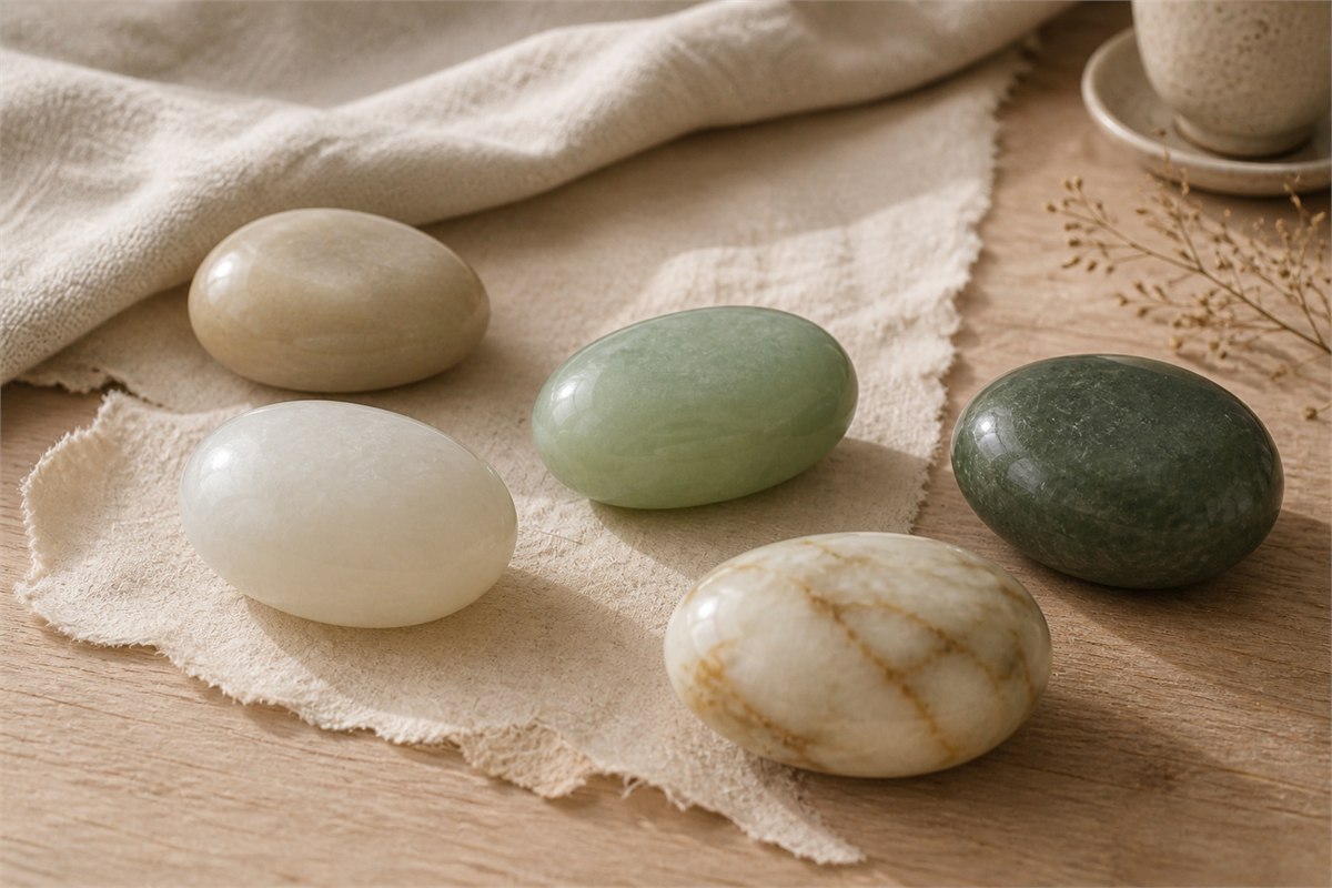 Five rounded nephrite pieces in creamy white, soft white, muted green, dark gray-green, and cream with brown veining.