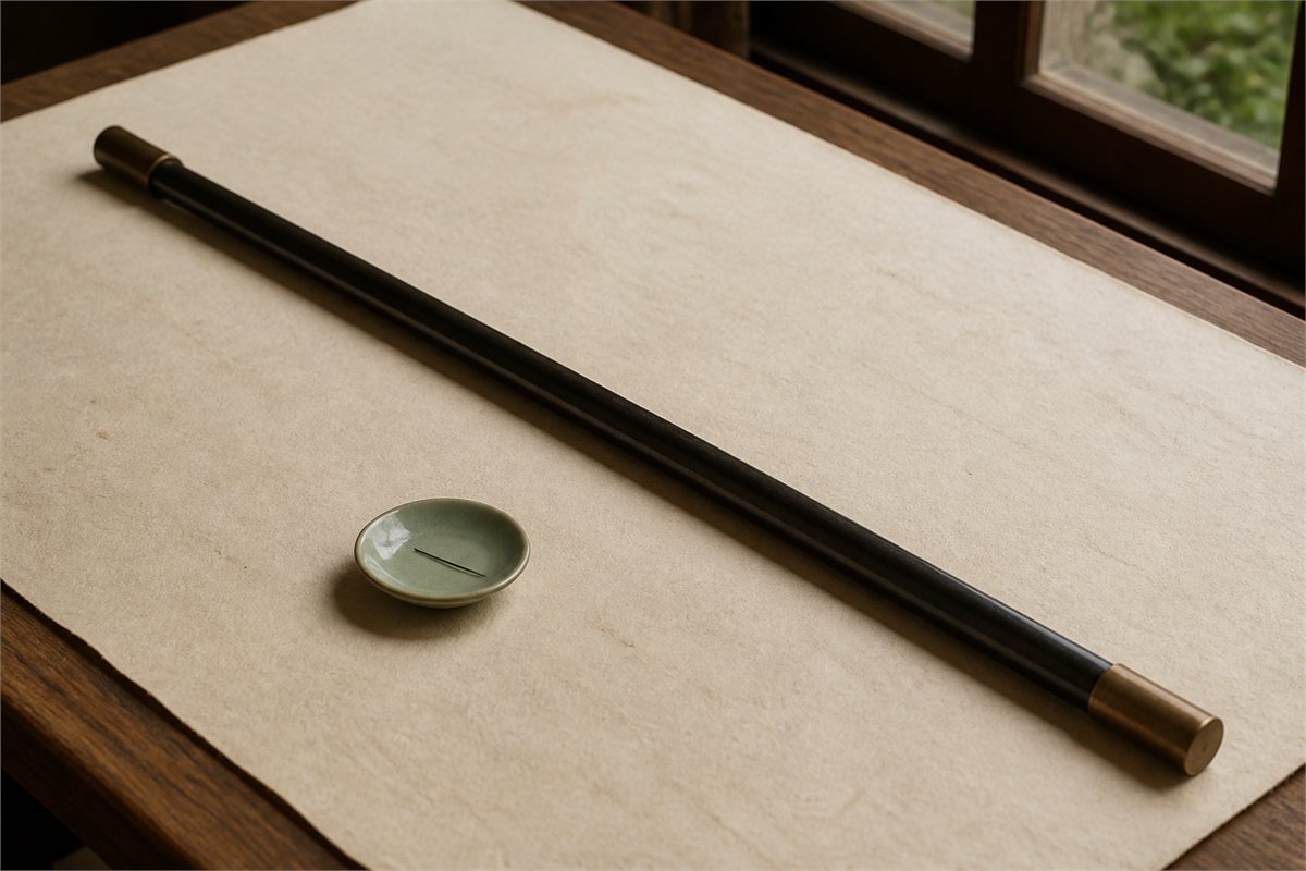 A plain dark iron staff beside a needle-sized metal sliver on ivory paper