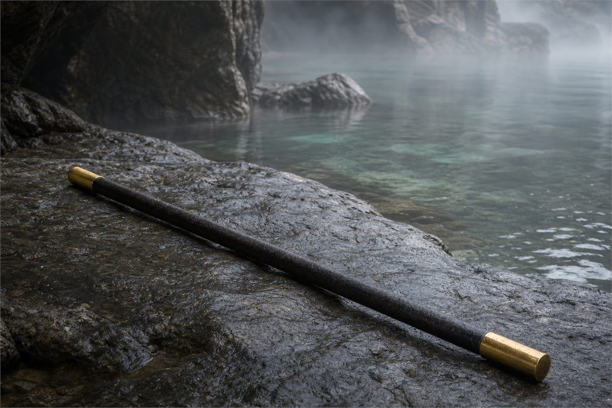 A dark iron staff with one golden cuff at each end resting on wet stone beside calm sea water
