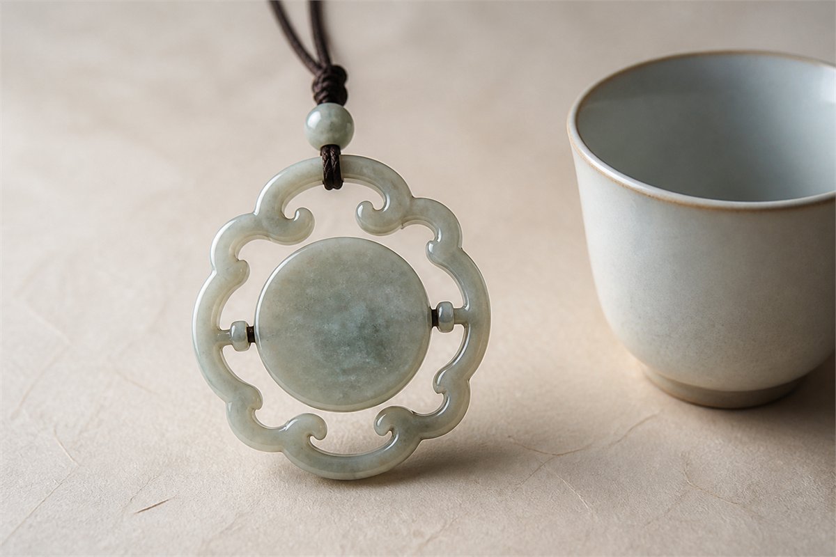 Pale openwork pendant with cloud-like Ruyi curves around a plain movable center
