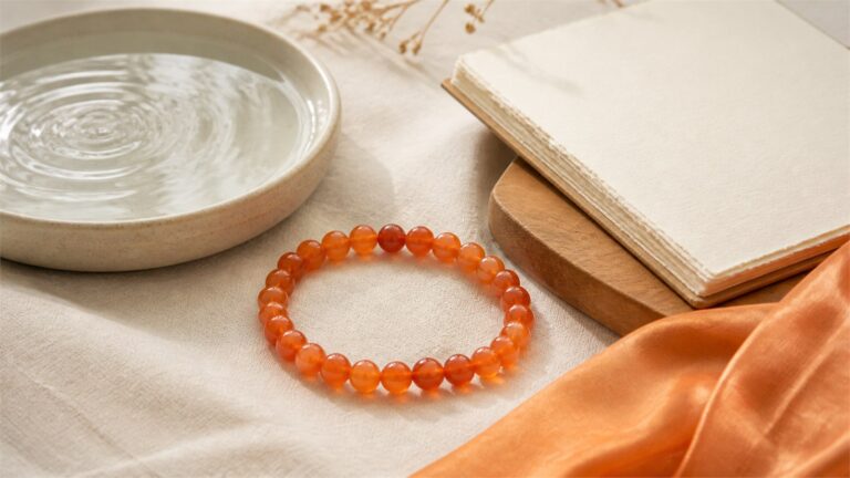 Orange carnelian bead bracelet beside rippling water, a blank journal, and orange silk on cream linen