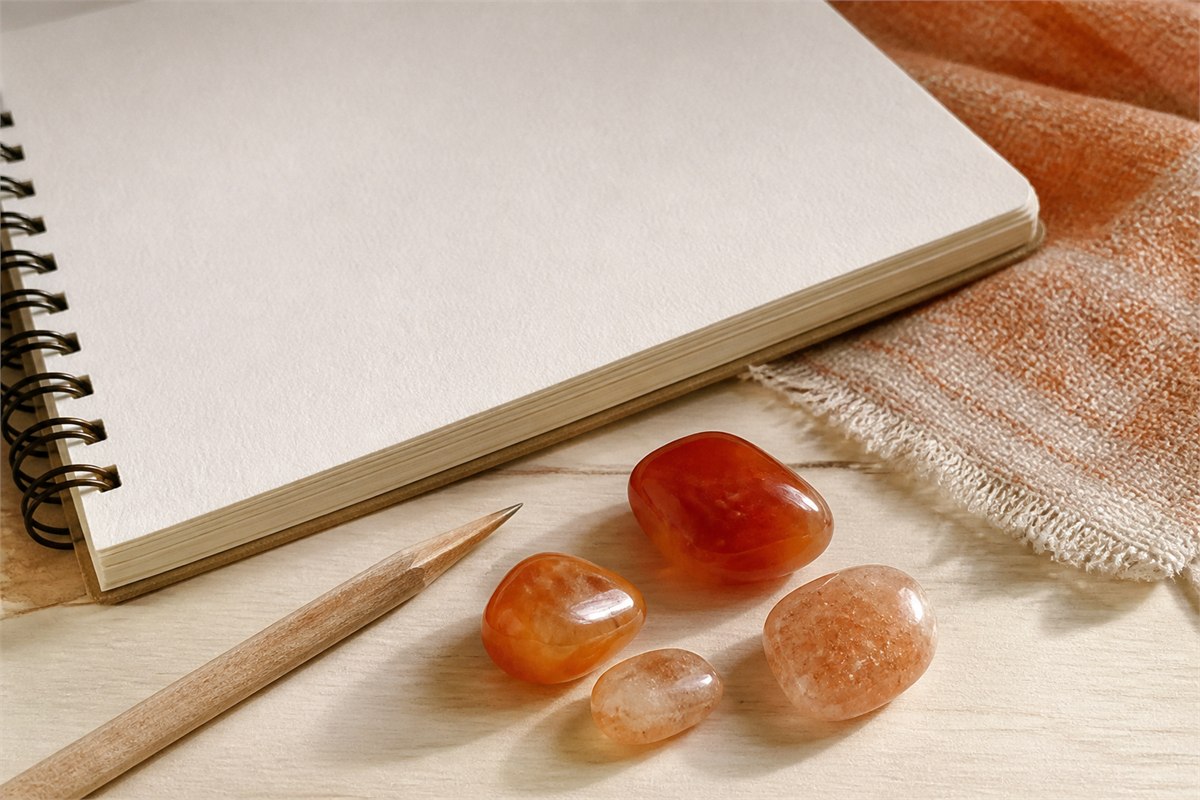 Orange carnelian and sunstone beside a blank sketchbook, pencil, and soft orange cloth