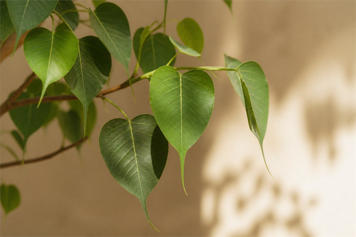 Living Ficus religiosa branch with heart-shaped leaves and long tapering tips