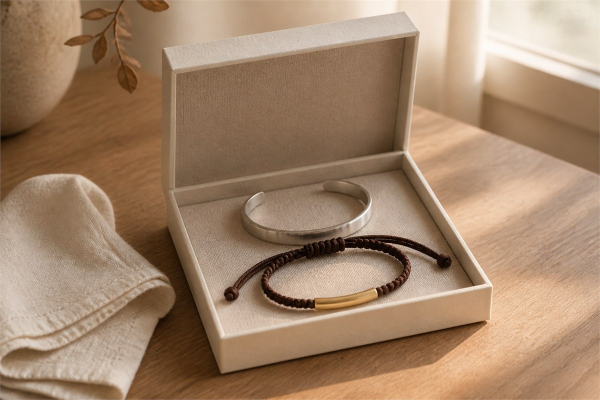 Silver cuff and brown cord bracelet resting in an open linen jewelry box