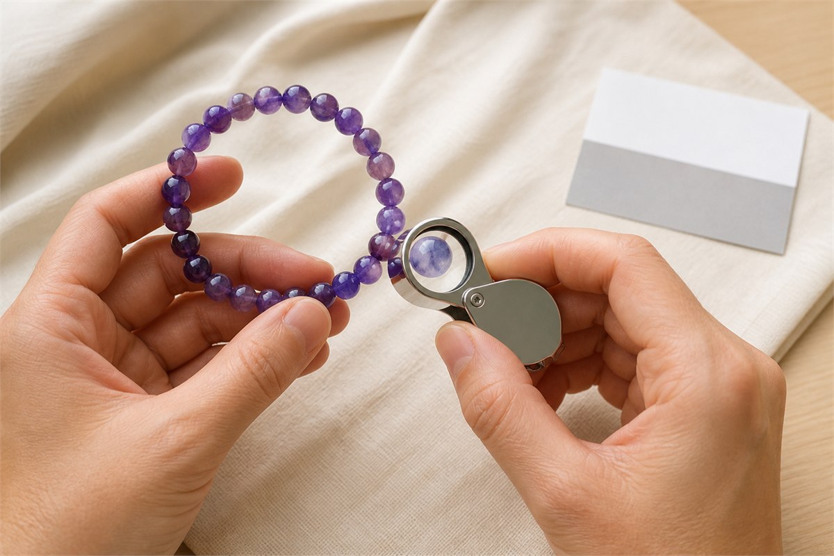 Hands viewing a naturally varied amethyst bead bracelet through a folding loupe beside a neutral white and gray card