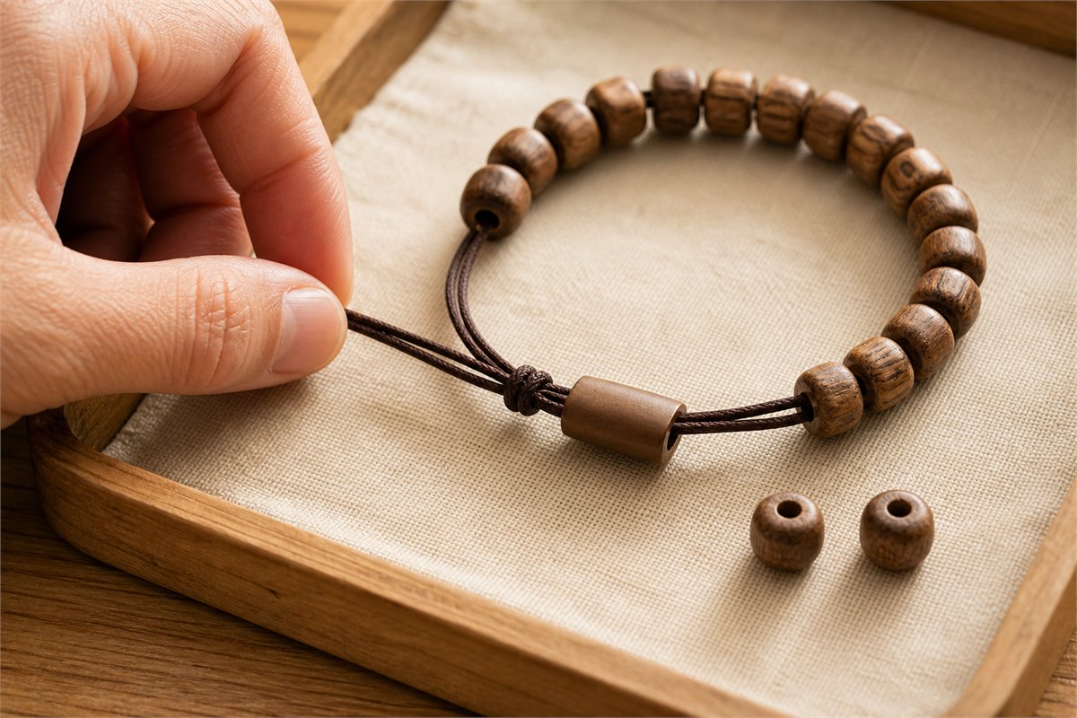 A close view shows smooth bead holes, secure elastic, a covered knot, and a small closed clasp on bracelet components.