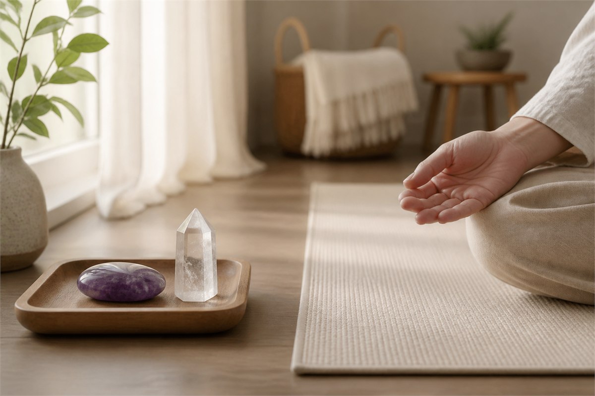 Amethyst and clear quartz placed on a wooden tray beside a yoga mat and relaxed hand