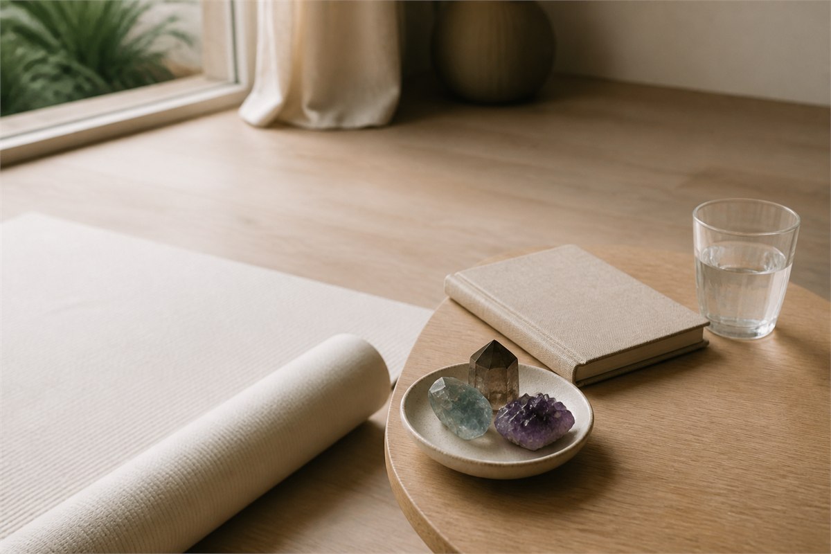 Smoky quartz, aquamarine, and amethyst in a dish beside a yoga mat, journal, and water