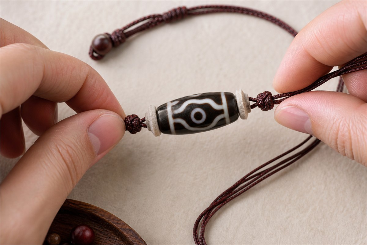 Hands restringing a modern elongated agate bead with woven cord, spacers, and secure knots