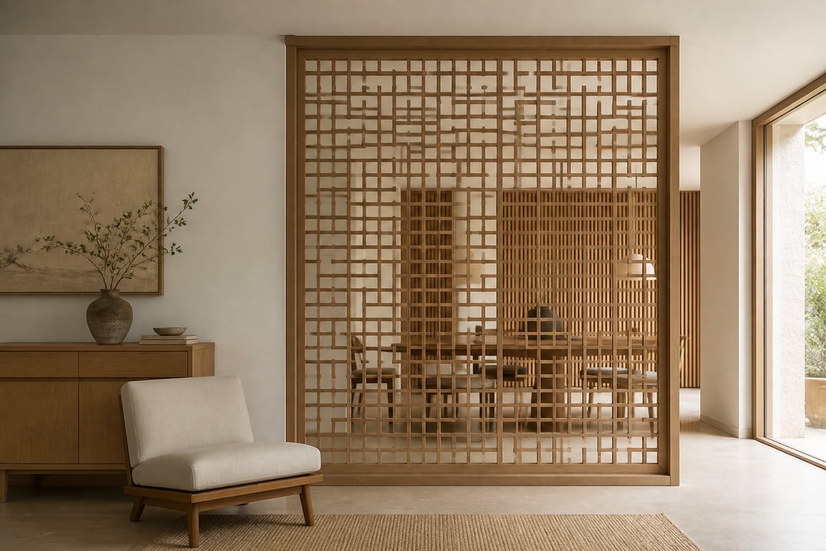 Full-height oak lattice room divider anchored in a warm neutral contemporary interior