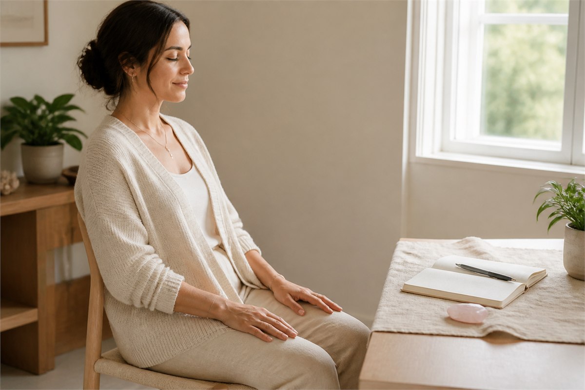 Person seated comfortably beside a journal with a rose quartz stone resting on the table