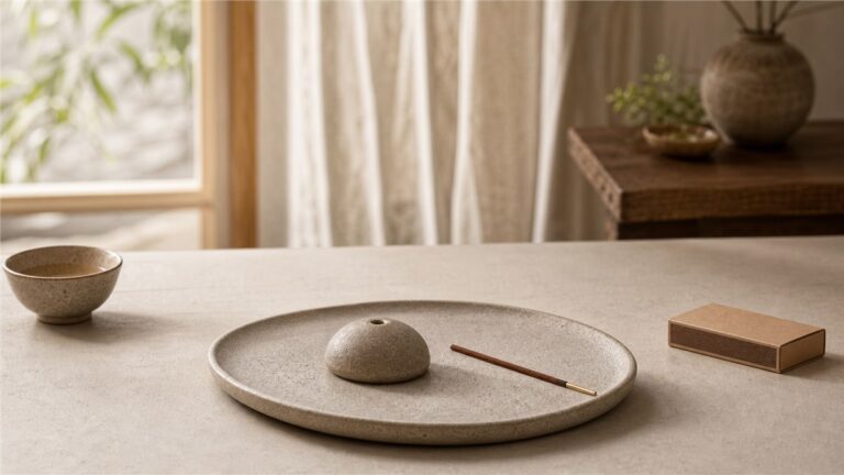 Unlit incense stick beside a stable ceramic holder on a broad heat-resistant stone tray