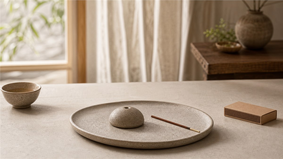 Unlit incense stick beside a stable ceramic holder on a broad heat-resistant stone tray