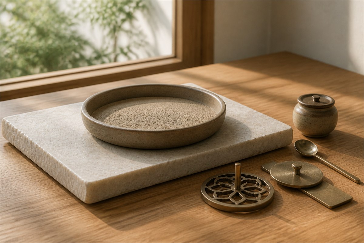 An uncluttered stone work surface with a heat-safe incense burner and tools beside an open window