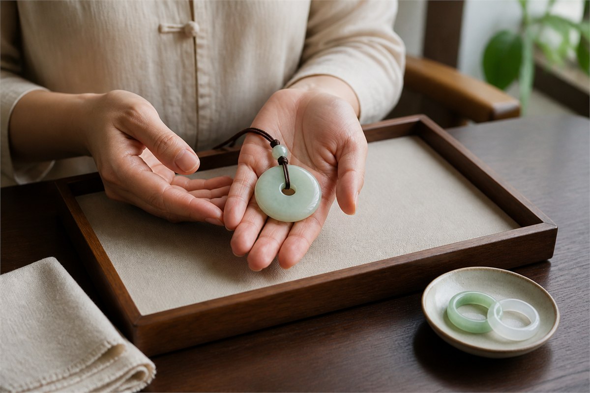 A modern jade disc pendant is supported over a fabric-lined tray with rings set aside in a small dish.