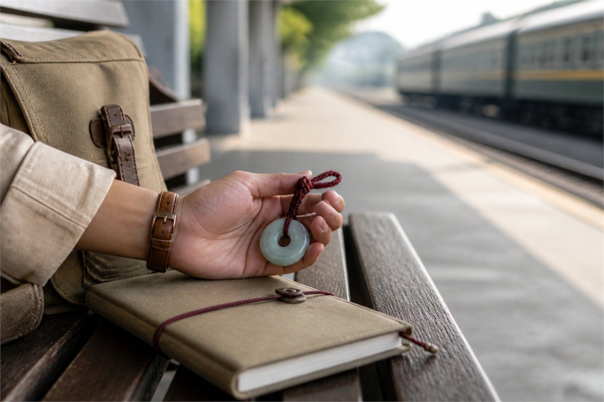 Adult hand holding a small pendant at a train platform beside a travel journal