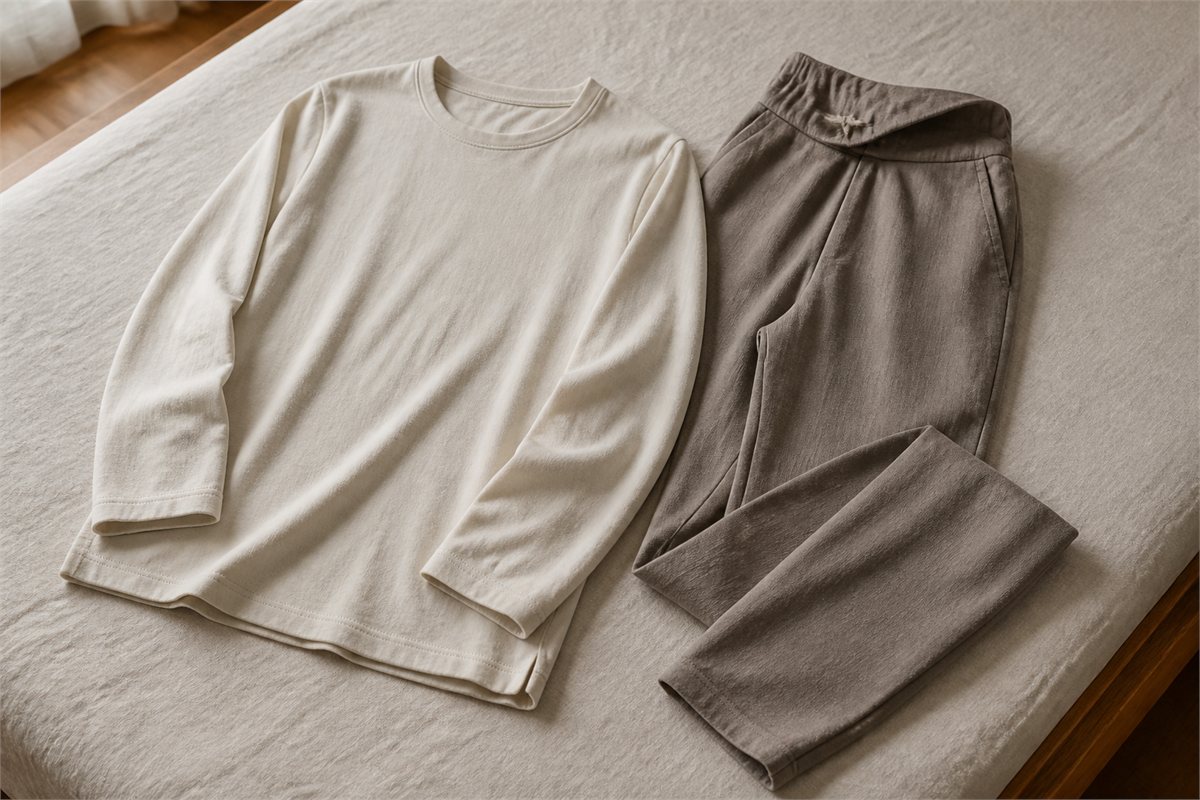 Ivory long-sleeve top and taupe tapered trousers laid flat with simple seams and secure hems