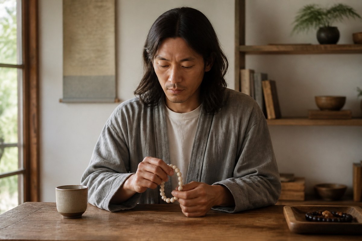Seated adult in a calm room lightly moving a plain bead bracelet with relaxed hands