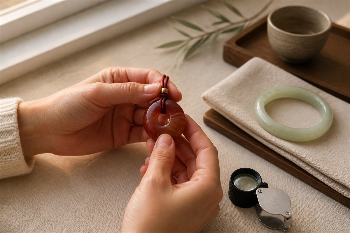 Adult hands rotating a banded agate pendant in indirect daylight with a loupe nearby and a jade bangle on folded linen