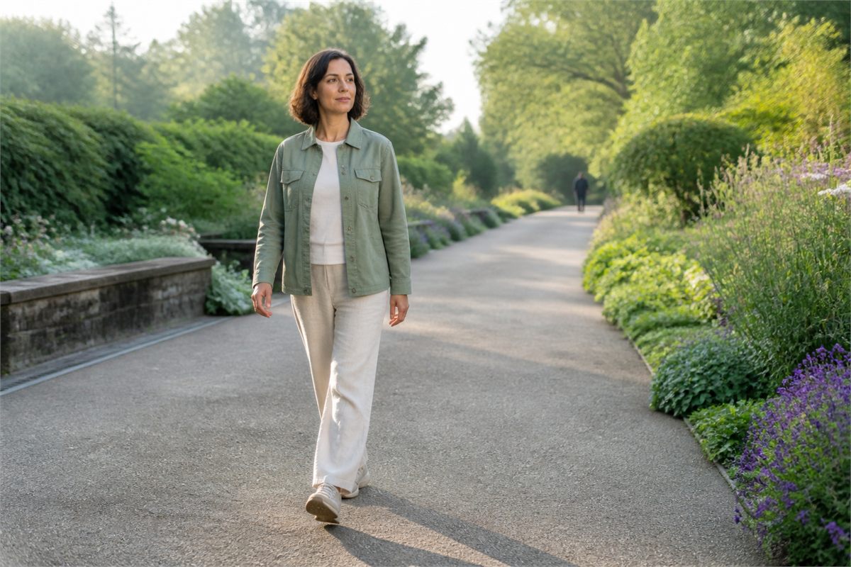 Adult walking with eyes open on a clear garden path in stable shoes and ankle-clear trousers