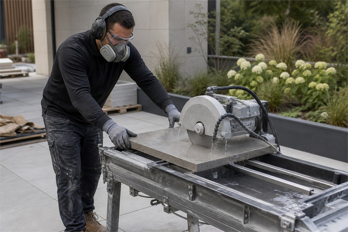 Installer wearing eye, hearing and respiratory protection while wet-cutting a thick porcelain paver