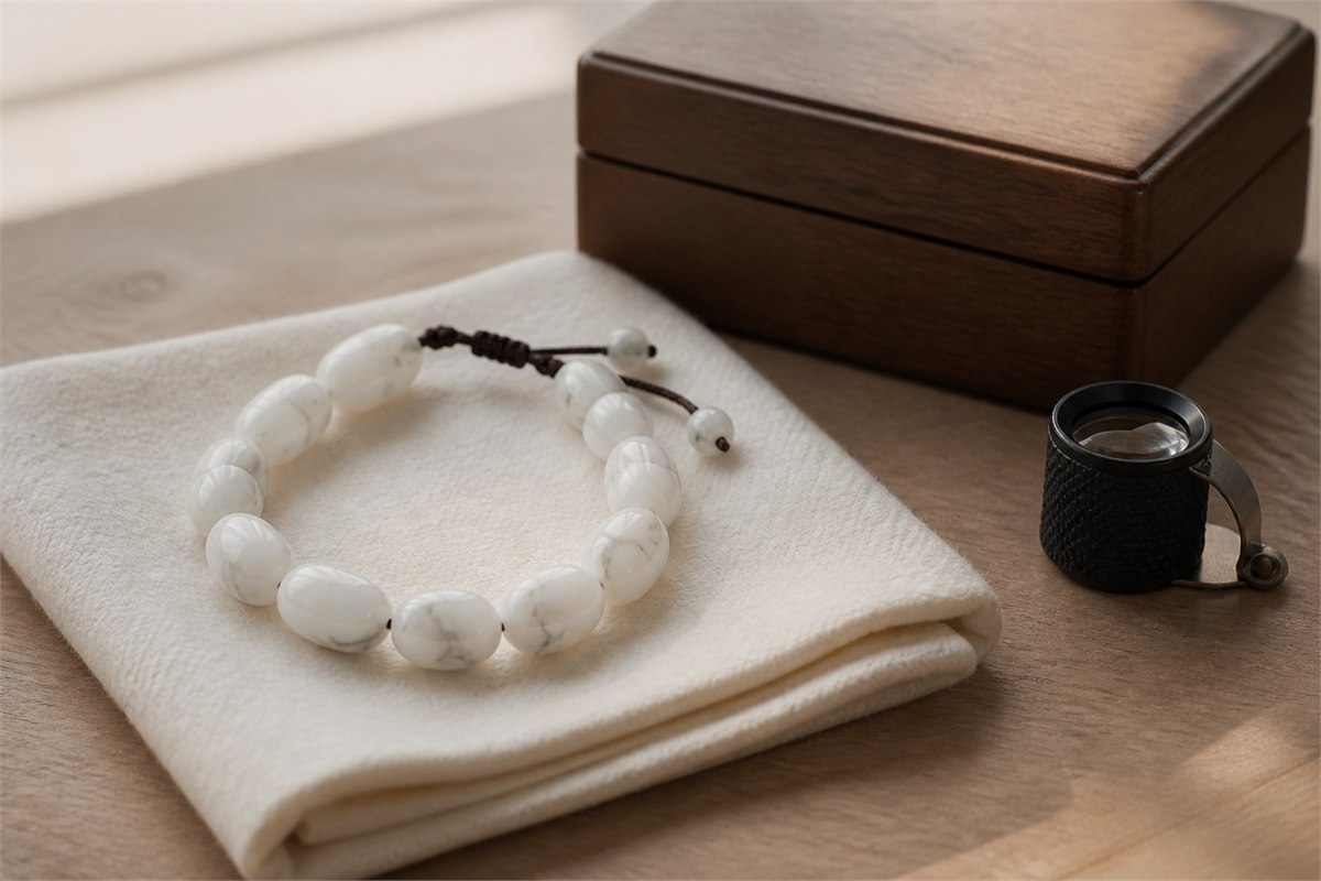 White stone bracelet beside a soft cloth, closed storage box, and jeweler loupe
