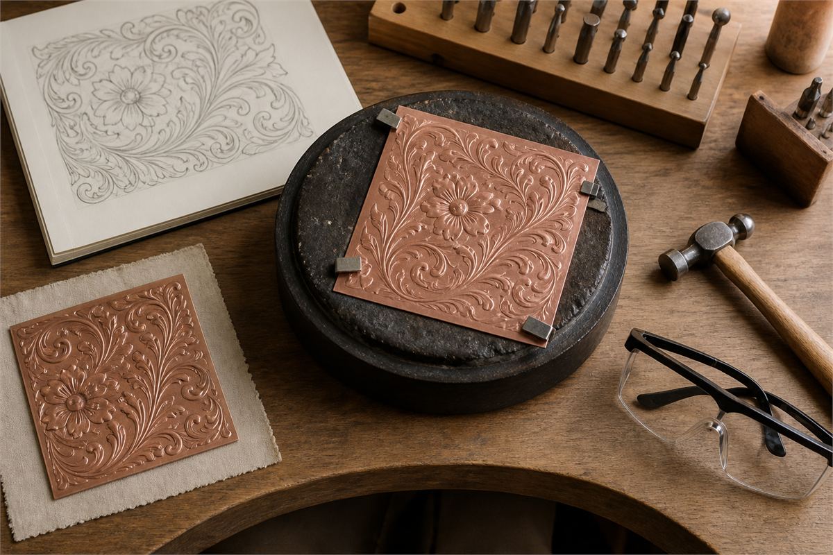 Copper relief sheet securely clipped over a pitch bowl with chasing tools, safety glasses, and a design sketch at a clear workbench