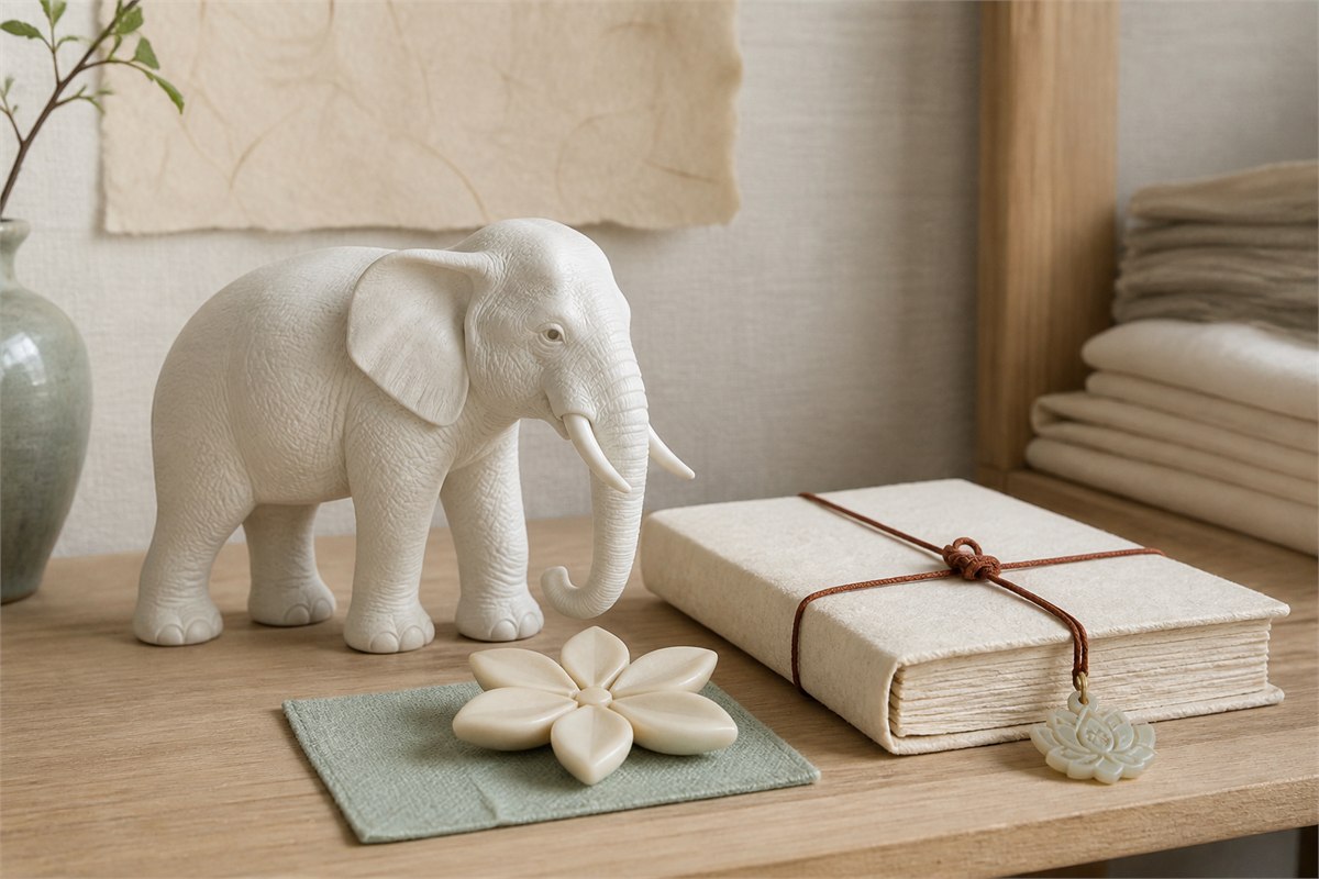 White elephant sculpture beside a six-petal lotus ornament and a blank book tied with red cord