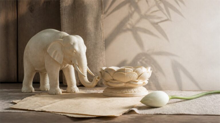 Ivory-toned elephant sculpture beside a carved lotus pedestal and white lotus bud in natural light