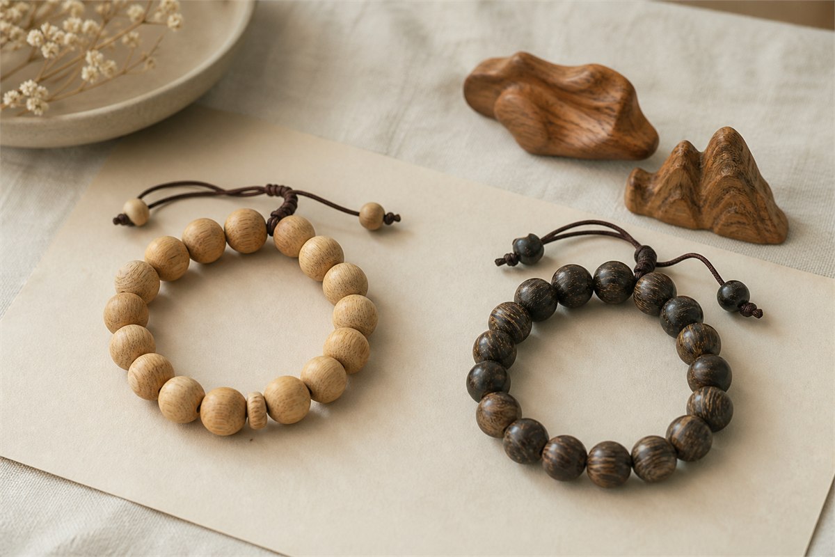 Pale sandalwood and dark resin-varied agarwood bead bracelets with abstract wood carvings