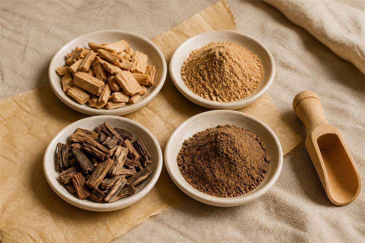 Four dishes holding sandalwood chips, sandalwood powder, agarwood chips, and agarwood powder