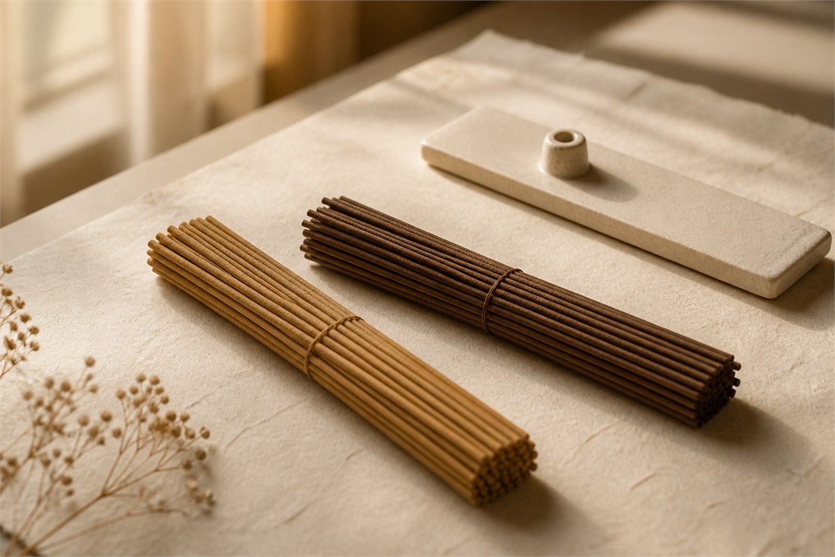 Separate bundles of pale and dark unlit incense sticks beside a ceramic holder
