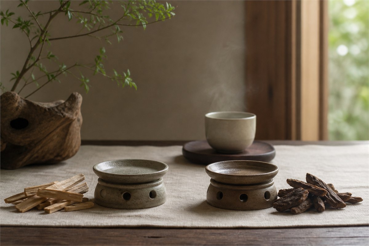 Separate ceramic warming dishes beside sandalwood and agarwood chips on a tea table