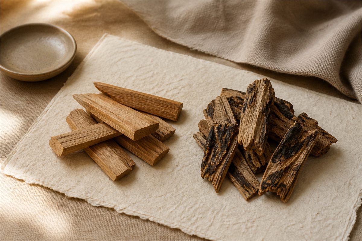 Pale sandalwood heartwood chips beside agarwood chips with dark resin veins