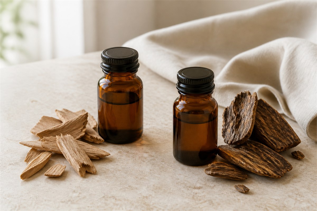 Two closed amber oil bottles beside sandalwood and resin-streaked agarwood chips